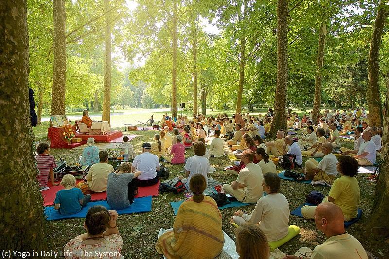 Photo – Swamiji with group on the meadow summer seminar vep 2018 3a